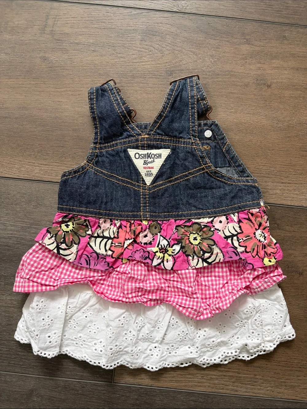 OshKosh B'gosh Denim Overall Dress with Pink Floral & White Eyelet Ruffles 3 mo